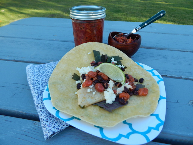 Fish Tacos with Smoky Sour Cherry–Tequila Salsa