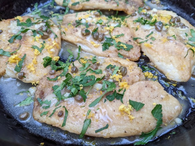 Panfish Piccata is delicious with store-bought frozen tilapia or a fresh string of perch. Learn more at TwiceasTasty.com.