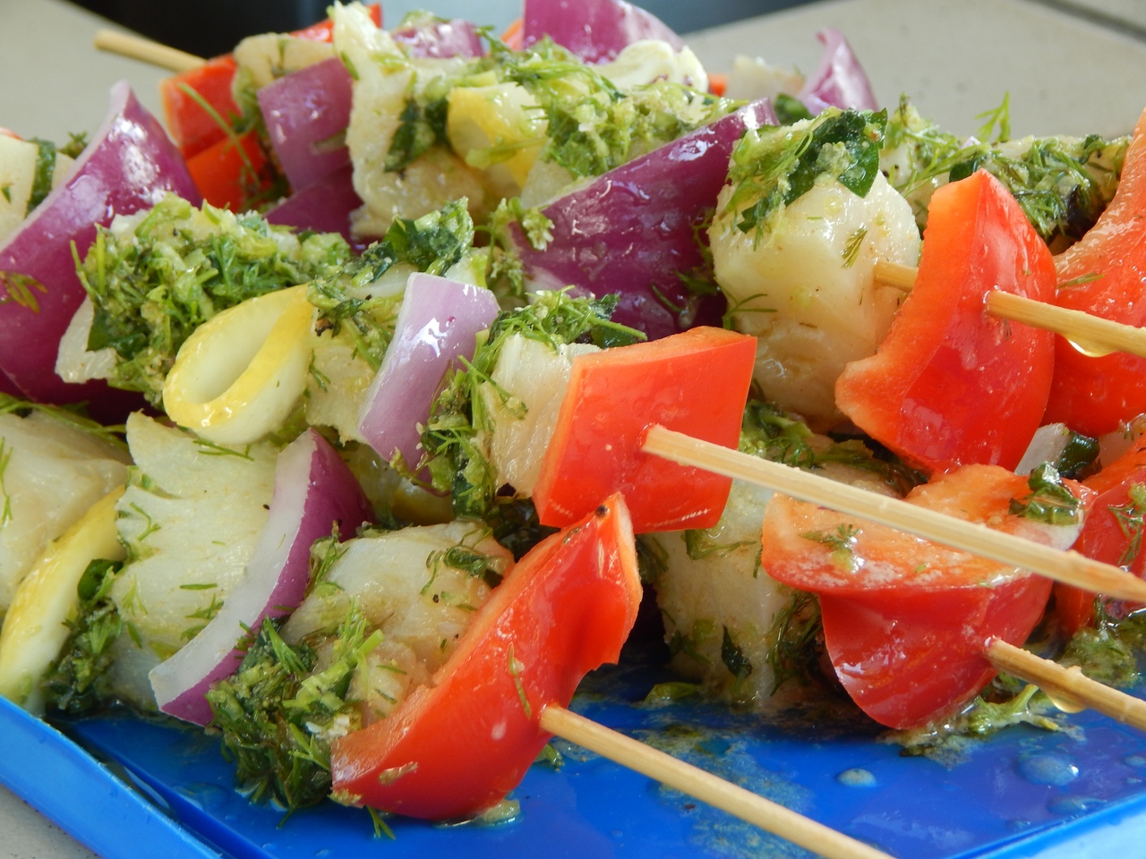 Marinated and Grilled Fish Skewers. Get the recipe at TwiceasTasty.com.