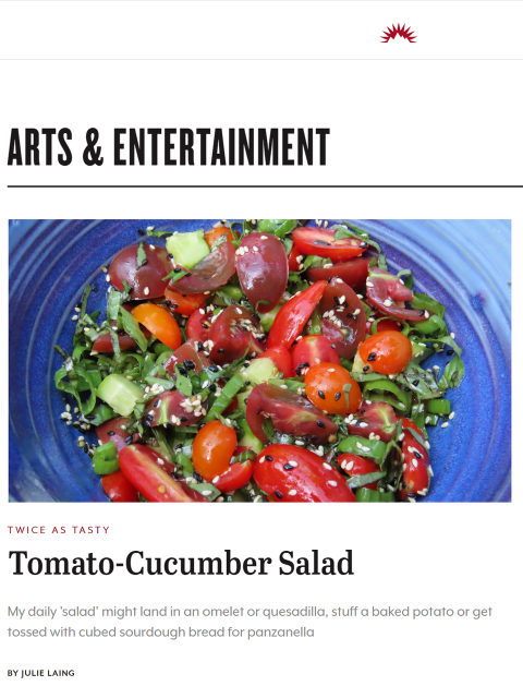 Fresh cherry tomatoes and small cucumbers make a delicious salad, especially when flavored with an Asian-inspired dressing. Learn more at TwiceasTasty.com.