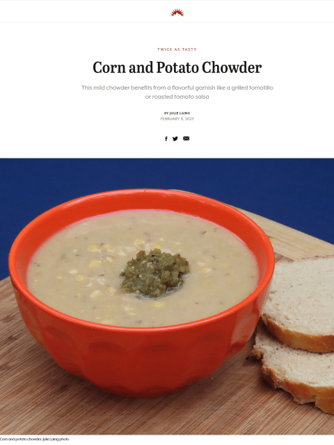 Vegetarian chowder has become one of my après ski favorites because it’s so easy to make with ingredients I keep in my house. Learn more at TwiceasTasty.com.