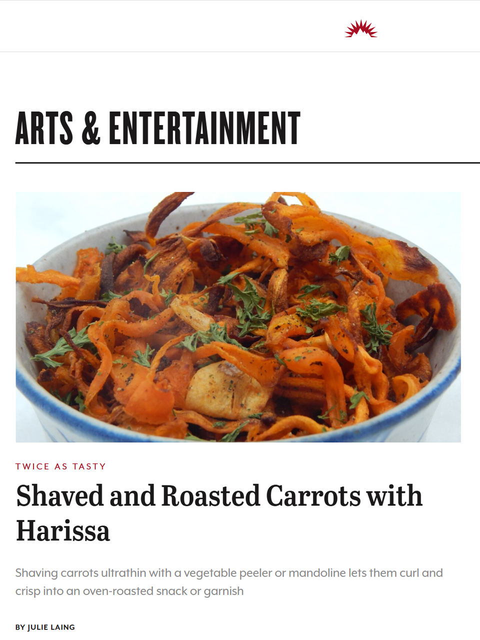 Thinly shaved carrots won’t fall apart even when you toss them with olive oil, maple syrup, and North African chile paste. Learn more at TwiceasTasty.com.