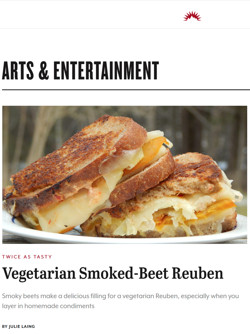 With smoked beets standing in for corned beef, this Reuben retains its classic layers of earthy rye bread, zesty dressing, puckery sauerkraut, and nutty cheese. Learn more at TwiceasTasty.com.